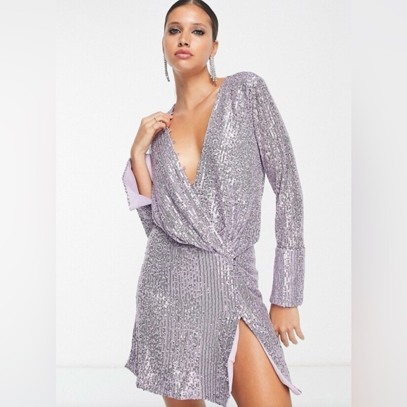 ASOS DESIGN Sequin Embellished Drape Detail Mini Dress with Button Detail Size 4 - Picture 3 of 16
